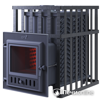Дровяная банная печь Гефест ЗК в сетке-18 (М) чугунная дверца со стеклом, запатентованная каменка сетка в Махачкале
